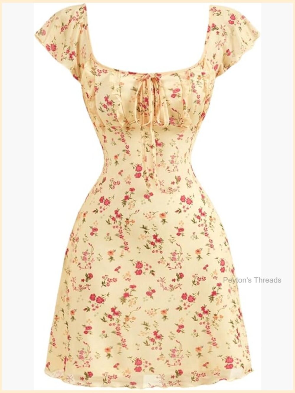 Floral Print Cap Sleeve Dress Square Neck Tie Front Summer A Line Cute Mini